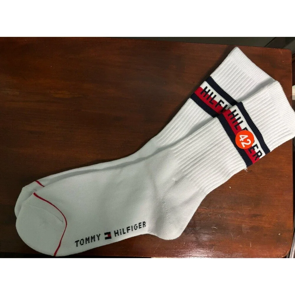 Men's Tommy Hilfiger White & Grey Cotton Crew Socks, 2 Pairs, $14 MSRP Each #42